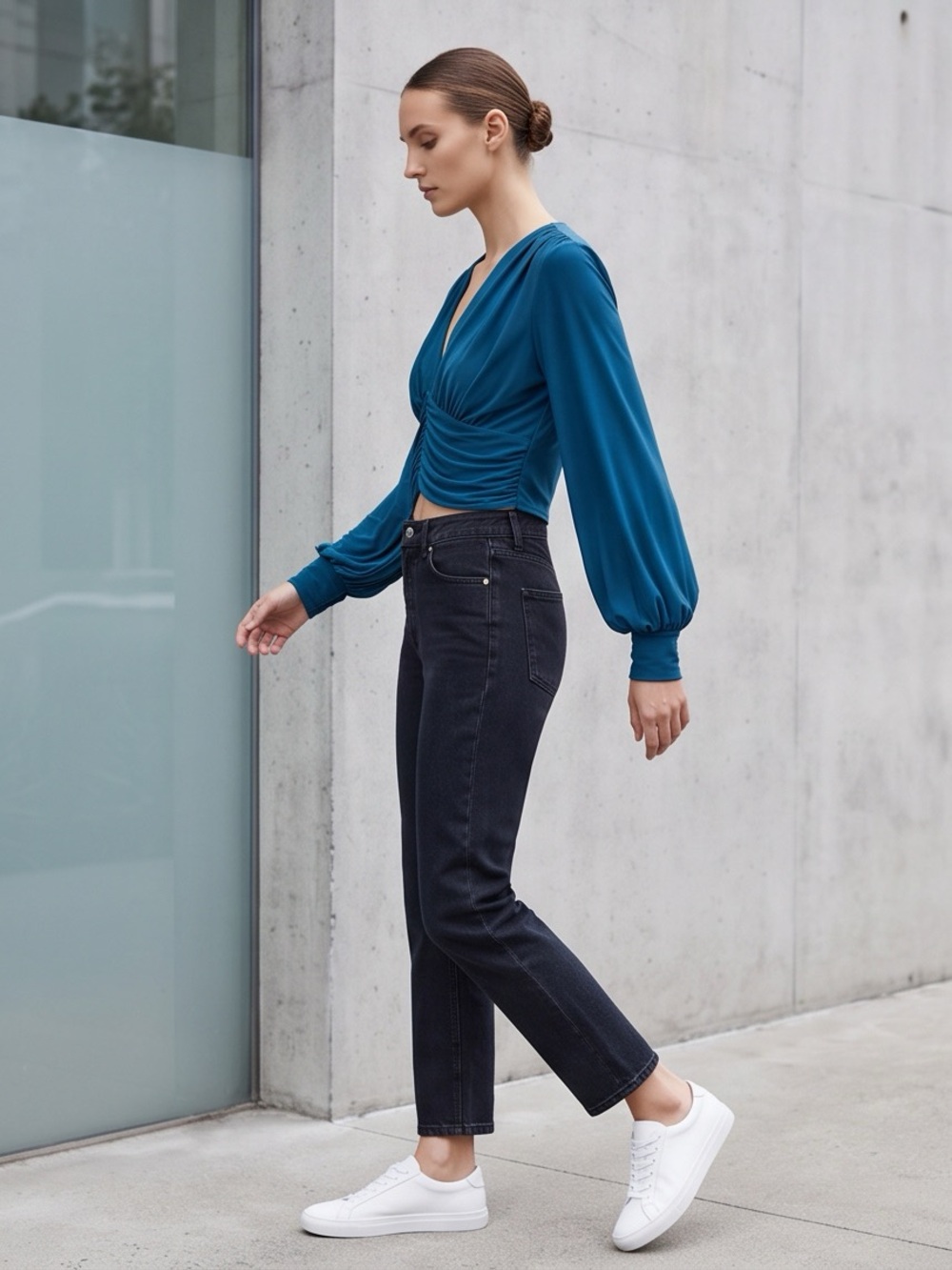 2 Saints Teal Blue Ruched Deep V-Neck Long Sleeve Top – Size Small
